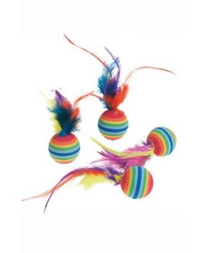 Hračka kočka Míčky s pérky duhové 4ks